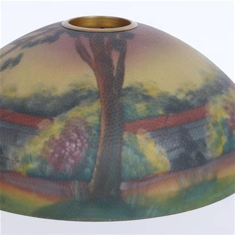 Located in los angeles, ca. Antique reverse painted scenic dome glass lamp shade with la