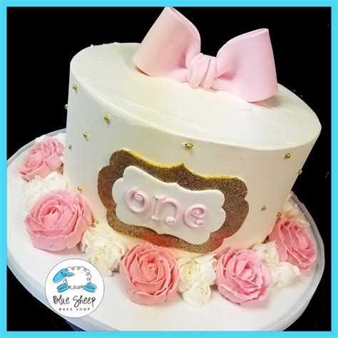 Pink And Gold 1st Birthday Cake With Buttercream Roses Blue Sheep Bake Shop