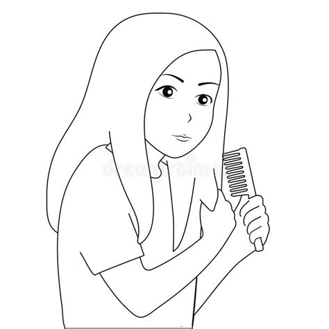the girl combs her hair holding a lock of hair in her hand vector black and white stock