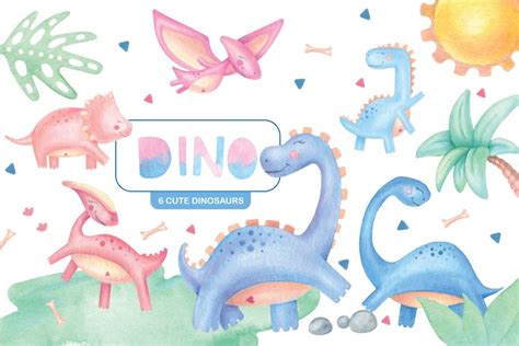 Dinosaurs Cute Babes Watercolor Photoshop Graphics ~ Creative Market