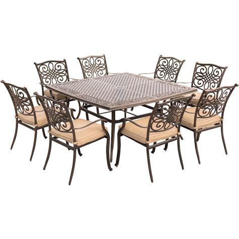 If you're looking for a stylish and sturdy table for eight, then this is for you! Hanover Traditions 9-Piece Aluminium Square Patio Dining ...