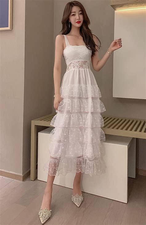 Korean Style Lace Patchwork Tiered Sleeveless Dress Dresses Simple