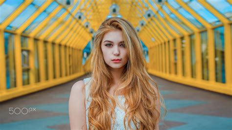 Wallpaper Model Blonde Long Hair Looking At Viewer Brown Eyes Depth Of Field Perspective