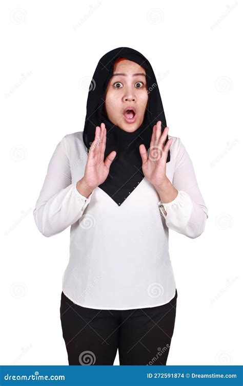 Asian Muslim Lady Wearing Hijab Shows Surprised Or Shocked Expression With Open Mouth Close Up