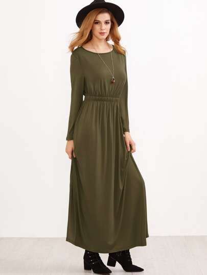 Army Green Elastic Waist Maxi Dress Sheinsheinside
