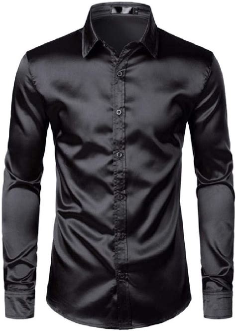 Ua Mens Black Satin Dress Shirts Silk Smooth Men Tuxedo Shirt Slim