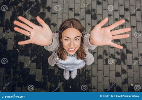 Happy Young Woman Raising Her Hands Up Outdoors Stock Image Image Of