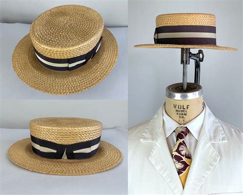 1930s Stetson Summer Boater Vintage 30s Pressed Woven Straw Hat With