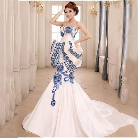 Blue And White Porcelain Dress Luxury Long Evening Gown Chinese Traditional Wedding Qipao
