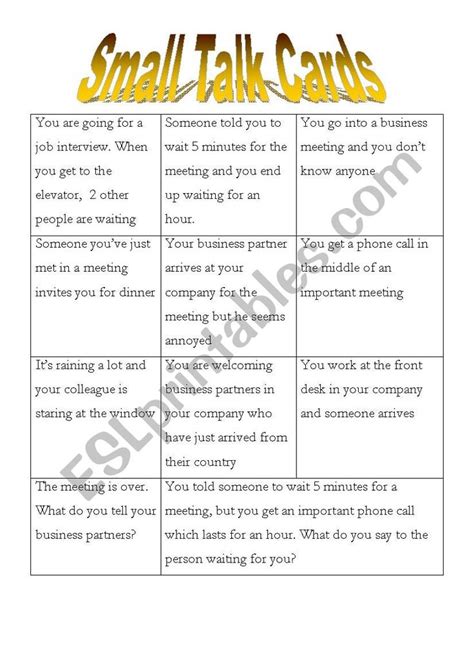 Small Talk Cards Worksheet Esl Lesson Plans Learn English Teaching
