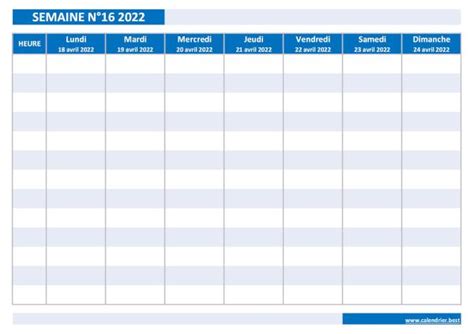Semaine 16 2022 : dates, calendrier et planning hebdomadaire à imprimer