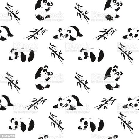 Seamless Pattern With Playing Pandas And Bamboo Hand Draw Vector