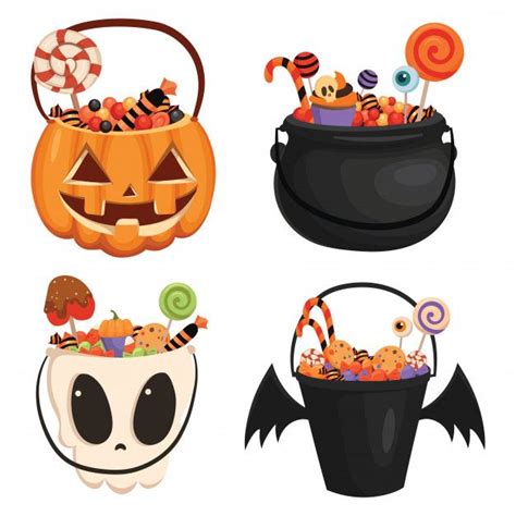 Premium Vector Set Of Halloween Pumpkin Bucket Filled With Sweets