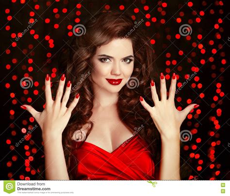 Red Manicured Nails Elegant Brunette Beautiful Smiling Girl Wi Stock