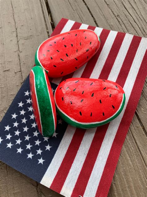 Watermelon Painted Rocks Painted Stonessummer Decor4th Of Etsy