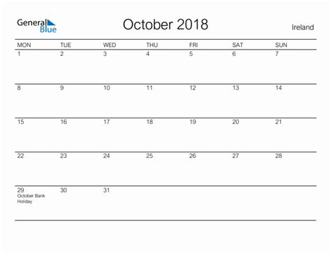Printable October 2018 Monthly Calendar With Holidays For Ireland