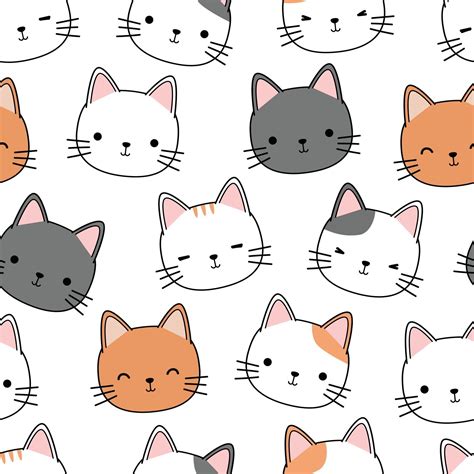 Cute Cat Kitten Head Cartoon Doodle Seamless Pattern 2266222 Vector Art