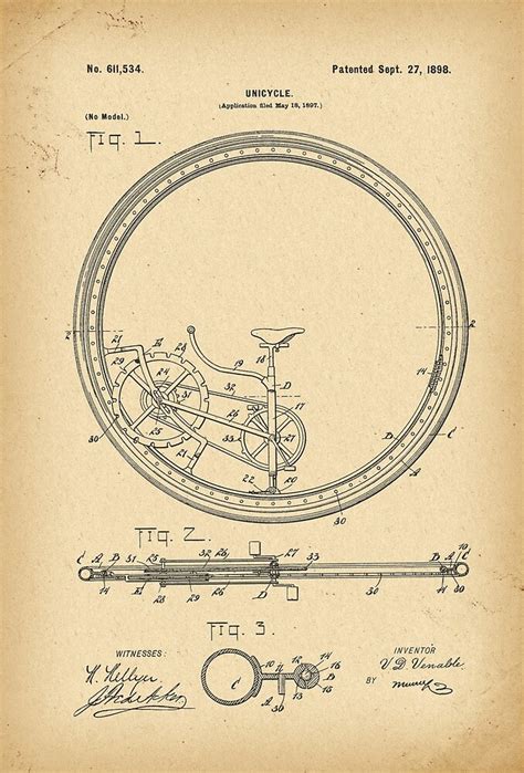 1897 Patent Velocipede Bicycle Unicycle History Invention By