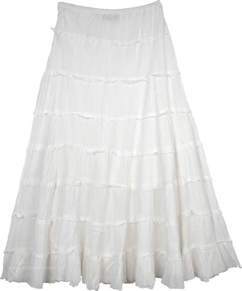 White Flared Long Cotton Skirt For Summer With Tiers White Xl Plus
