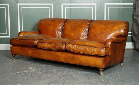 VINTAGE BROWN LEATHER HAND DYED HOWARDS SONS STYLE 3 SEATER SOFA