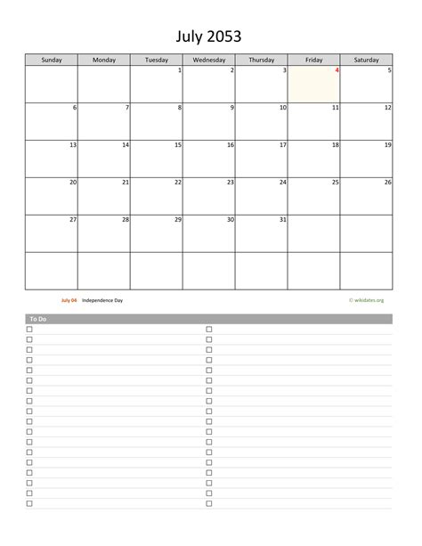 July 2053 Calendar With To Do List