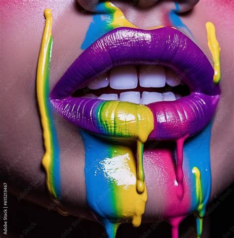 Dripping In Pride A Womans Lips Covered In Dripping Rainbow Colors—a