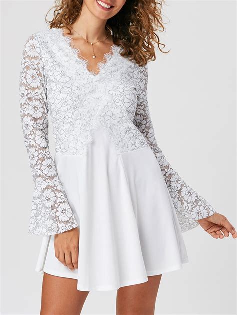 41 Off 2020 Lace Trim Flare Sleeve Mini Dress In White Dresslily