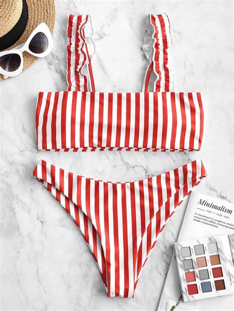 Zaful Striped Lettuce Strap High Leg Bikini Swimsuit Red Ad Lettuce Strap Zaful