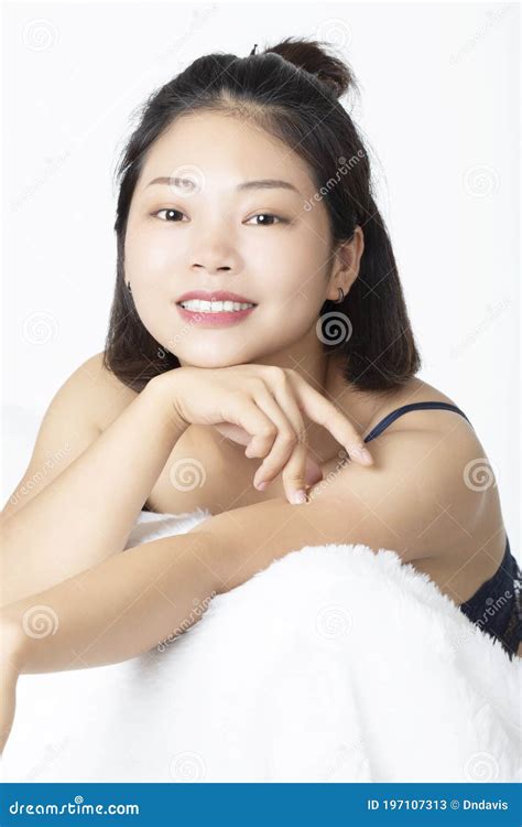 chinese woman dressed in blue lingerie isolated on white background stock image image of