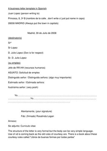 At the end, you'll find two sample letters in spanish. Template for writing a business letter in spanish by rosyroja - Teaching Resources - Tes