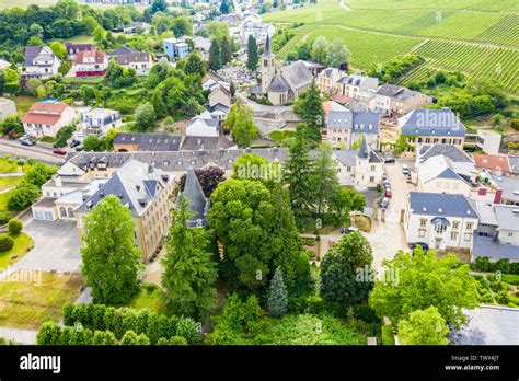 Aerial View Of Schengen Town Center Over River Moselle Luxembourg The