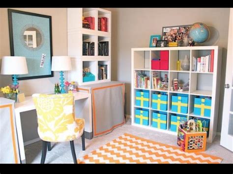 Organizing a playroom by color is not only pleasing to the eye, but it can also help a child organize things easily. Office playroom combo. Awesome idea for small spaces ...