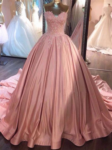 Ball Gown Sweetheart Blush Pink Lace Satin Wedding Dress Chapel Train