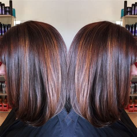 Dark Red Brown Base With Penny Copper Highlights Long Bob By Denise Suttlemyrexquisite Salon