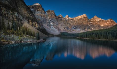 Mountains Moraine Lake Canada Sunset Forest Summer Lake Cliff
