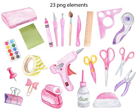 Craft Tools Clipart Watercolor Pink Scrapbook Supplies Etsy