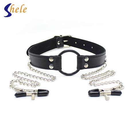 black pu leather silicone open mouth gag nipple clamp o ring gag head harness mouth gagged sex