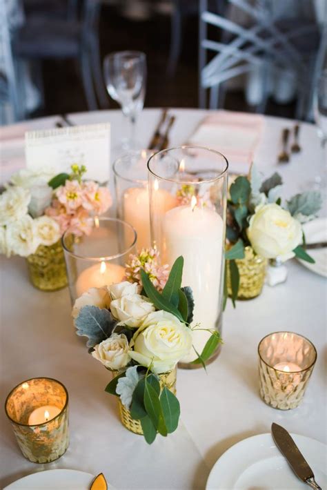 Pillar Candle Centerpiece With Gold Floral Bud Vases Life In