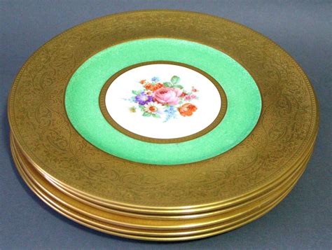12 Antique Gold Encrusted Green Dinner Plates Cauldon England Etsy