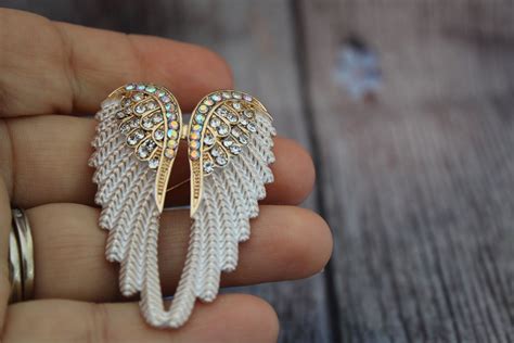 White And Gold Angel Wings Brooch Pin Etsy