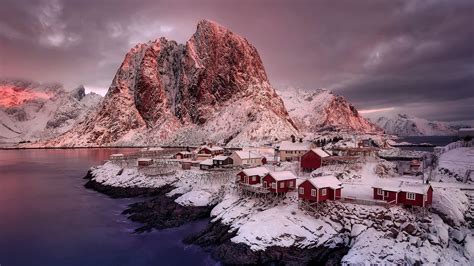 Nature Mountain 1080p Snow Norway Winter Lofoten Islands Red