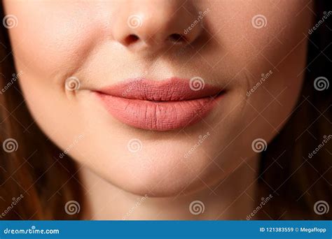 Smiling Female Closed Red Lips Closeup Stock Image Image Of Cheek