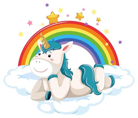 Lindo Unicornio Acostado En La Nube Con Arco Iris En Estilo De Dibujos