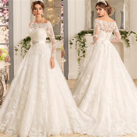 Long Sleeve Wedding Dress Ball Gown Wedding Dress Off The Shoulder With Beaded Sash A Line Long