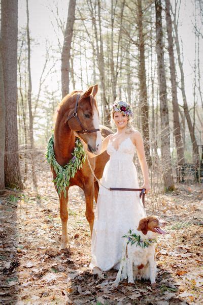 Bride With Horse And Dog On Wedding Day Flower Wreath Ideas For Dog