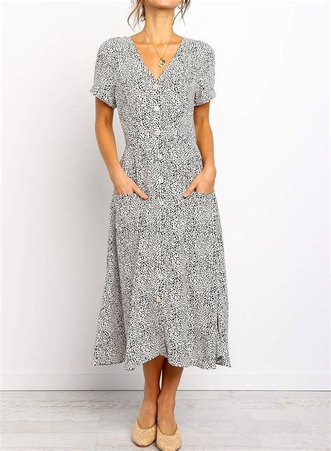 V Neck Button Down Front Midi Dress In 2020 Long Sleeve Midi Dress