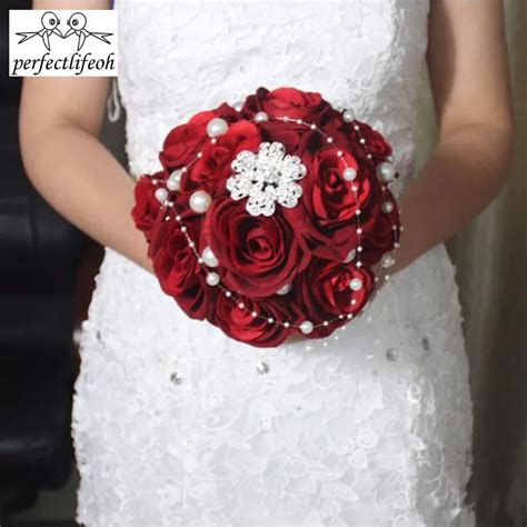 Perfectlifeoh Wine Red Roses Wedding Bouquets With Pearls Cheap Wedding