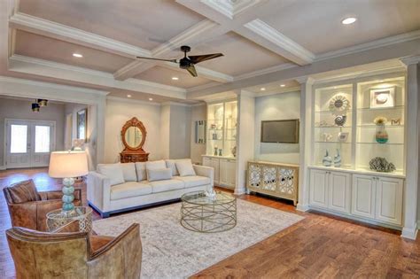 Coffered ceilings are gorgeous and have a tremendous impact on the look and feel of an interior space. Built-In shelves with lighting ️ Coffered ceiling ️ Wood ...