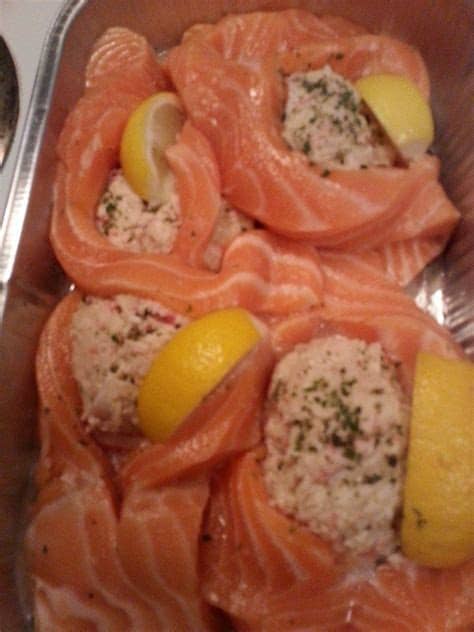 This salmon in roasted pepper sauce makes an absolutely scrumptious meal, worthy of a special occasion. Costco Stuffed Salmon... my splurges item. in 2020 | Food ...