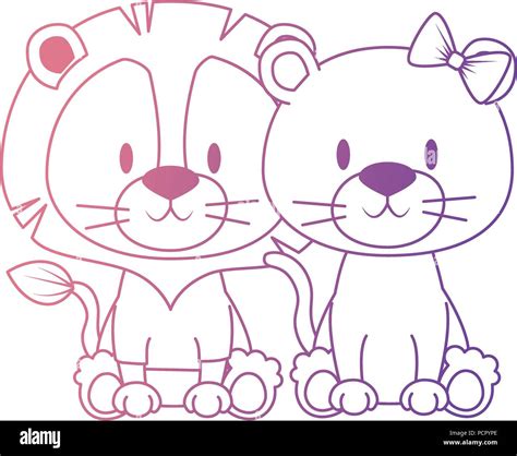 Cute And Adorable Couple Lions Characters Vector Illustration Design